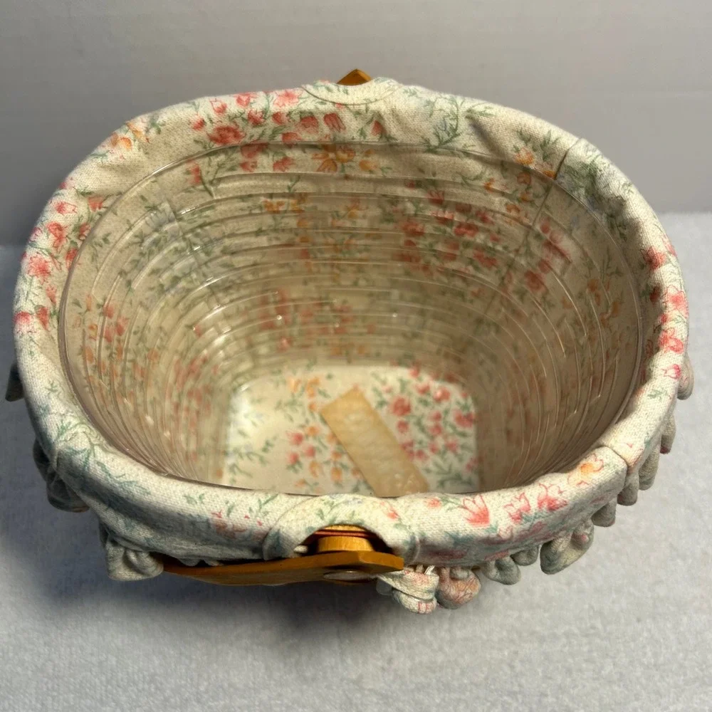 Longaberger 2001 Handwoven Basket with Floral Liner and Plastic Protector